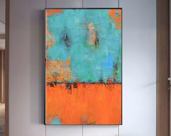 Modern abstract canvas painting geometry acrylic painting blue orange painting green abstract painting extra large living room wall art