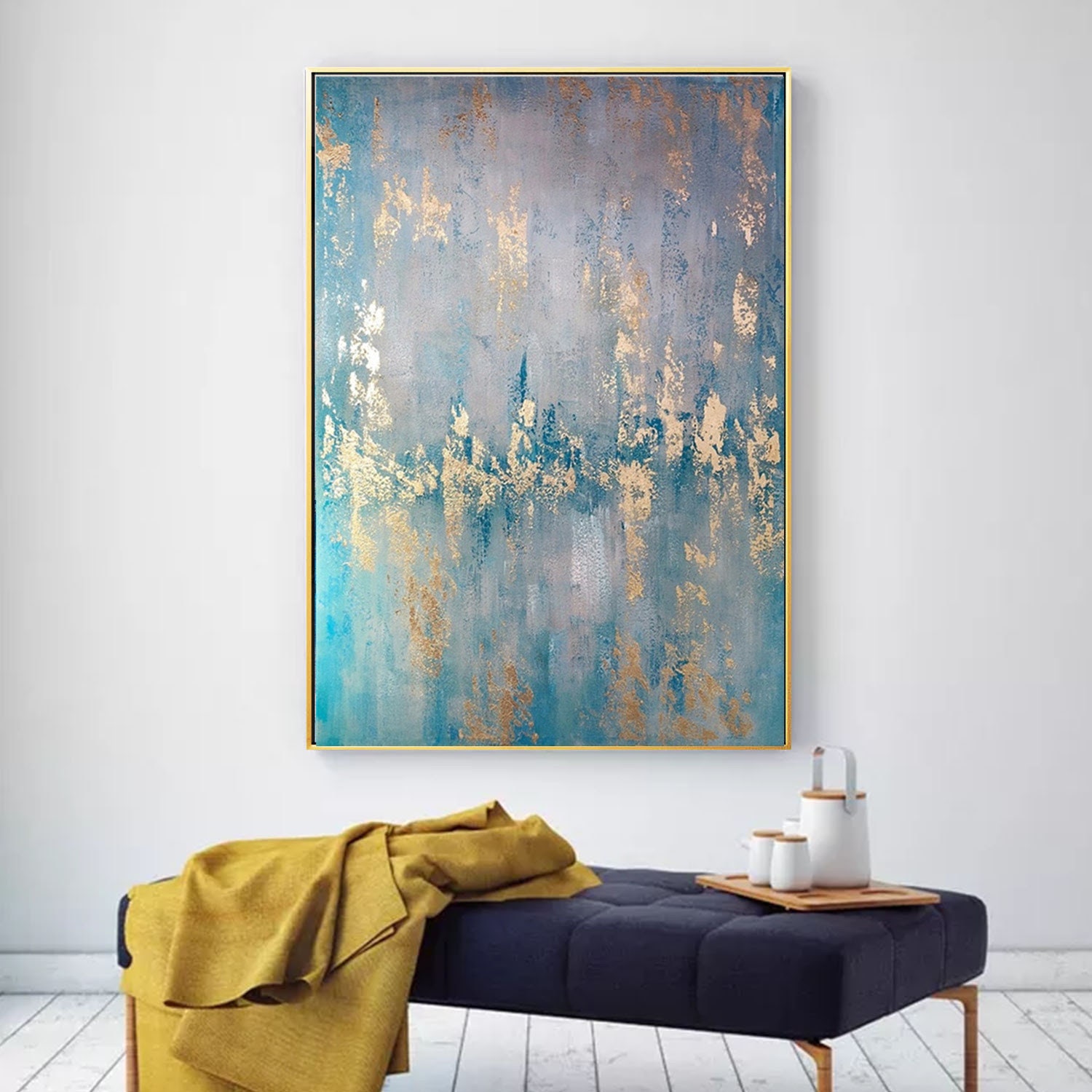 Modern Abstract Gold Leaf Painting Blue Canvas Art Acrylic Painting ...