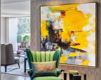 Yellow Abstract Painting Gray Abstract Art White Acrylic Painting Large Wall Art Canvas Painting Color Mixtured Painting Living Room Art