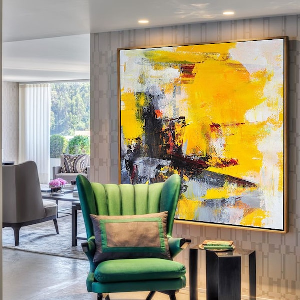 Yellow Abstract Painting Gray Abstract Art White Acrylic Painting Large Wall Art Canvas Painting Color Mixtured Painting Living Room Art