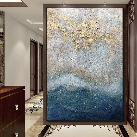 Heavy Textured Gold Leaf Painting Navy Blue Abstract Acrylic Canvas Painting  Handmade Grey White Canvas Paintings Oversize Room Wall Art - Etsy
