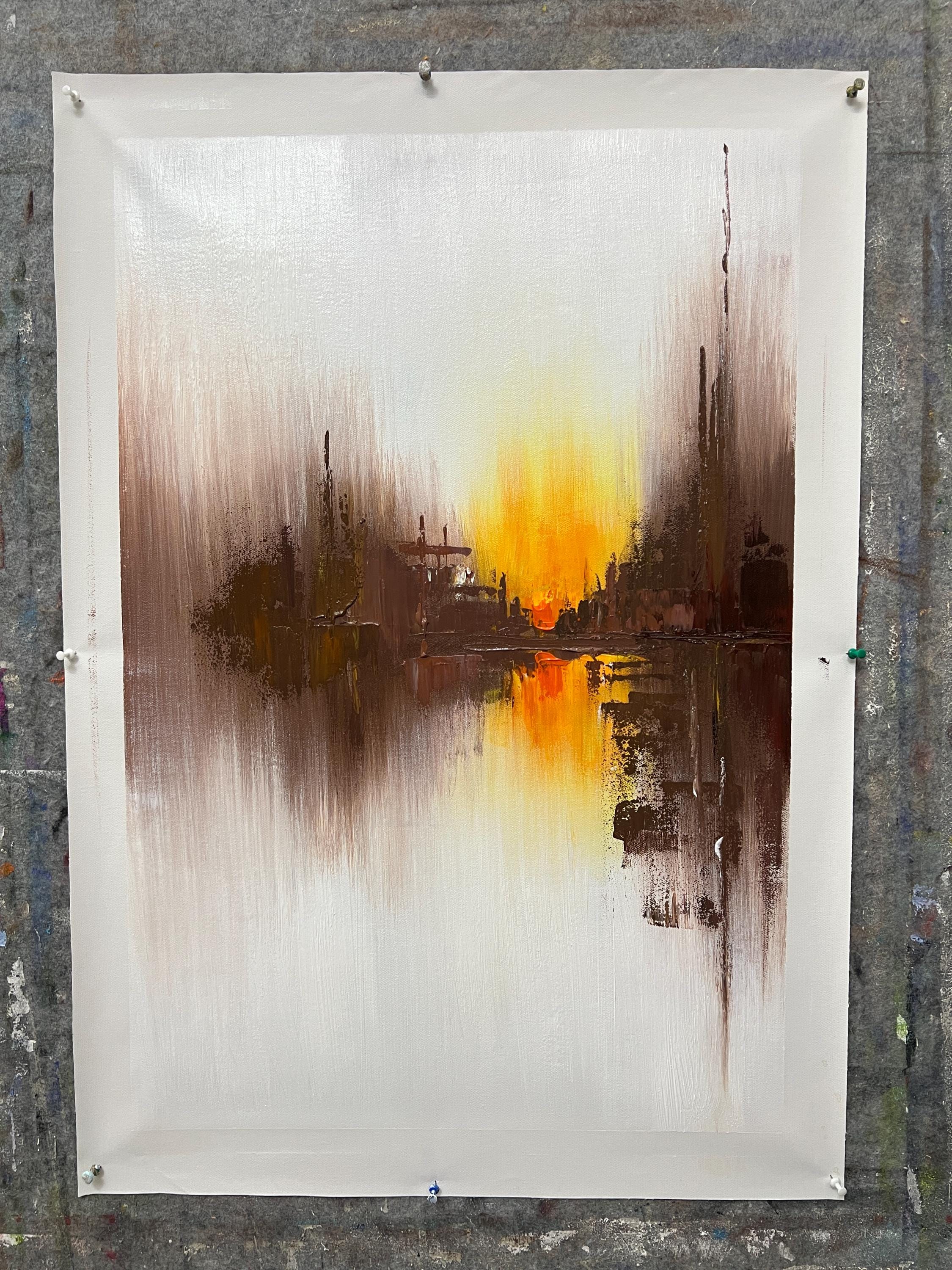 絵画 Brown Mountain Original Brown Mountain Painting Orange Sunset Canvas Art