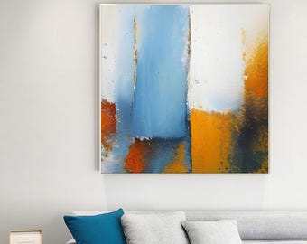 Abstract Painting brown original beige landscape blue Acrylic Canvas Wall Art home decor
