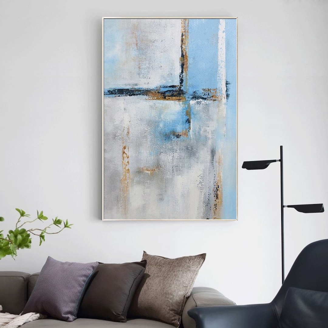 Blue Abstract Painting Gold Art Painting on Canvas Gray Acrylic ...