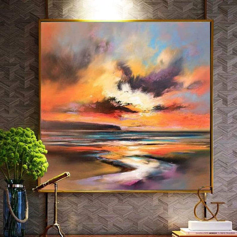Abstract acrylic painting yellow sunset scenery landscape black mountain art orange cloud canvas painting oversize wall art wall pictures