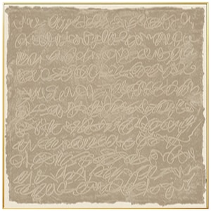 Puede incluir: Impresi&oacute;n de arte abstracto con fondo beige y garabatos blancos. La impresi&oacute;n tiene un aspecto desgastado y texturizado.