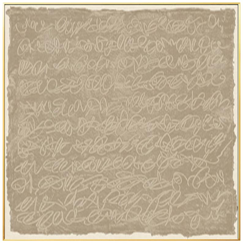 Puede incluir: Impresi&oacute;n de arte abstracto con fondo beige y garabatos blancos. La impresi&oacute;n tiene un aspecto desgastado y texturizado.