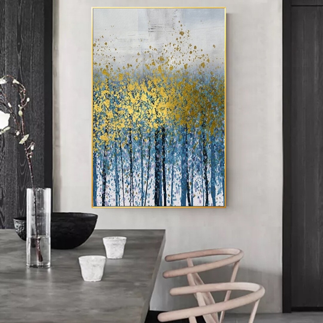 Landscape Gold Leaf Tree Painting Yellow Flower Scenery Acrylic