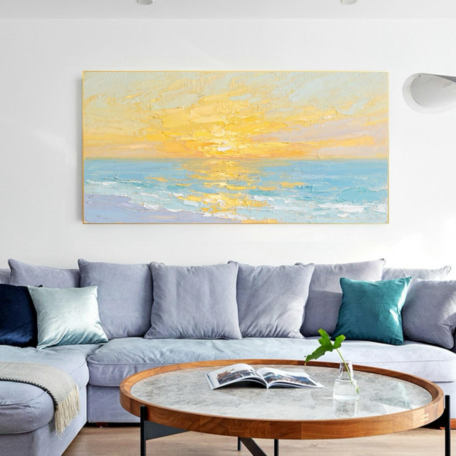 Large ocean painting Abstract acrylic painting blue seascape art gold sunset painting on canvas sunset artwork oversize grey wall art