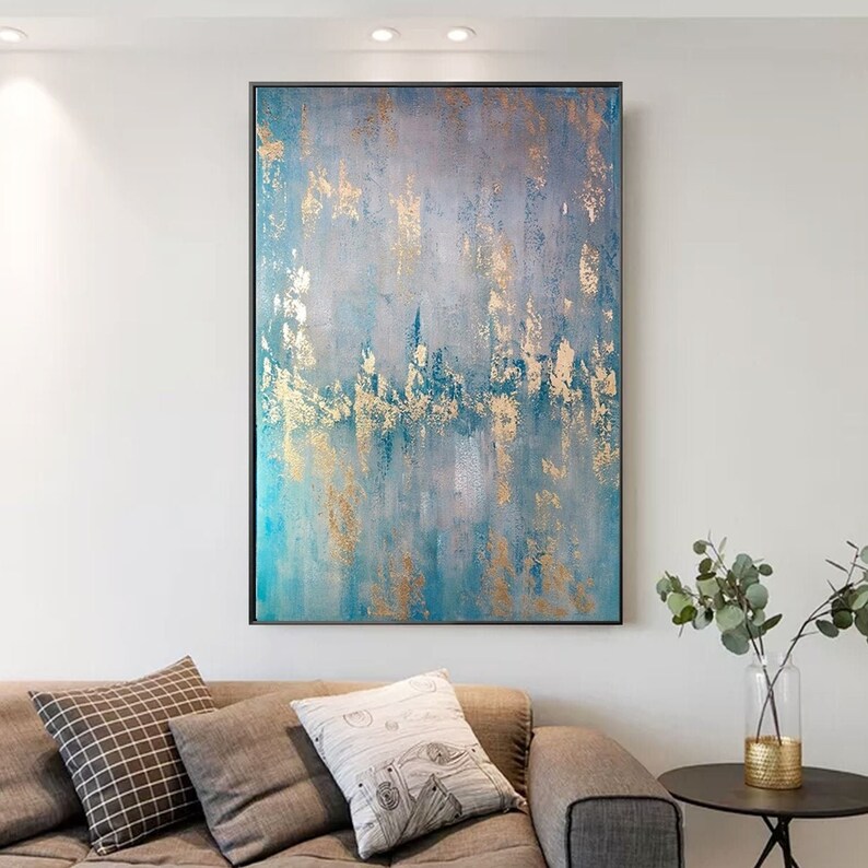 Modern Abstract Gold Leaf Painting Blue Canvas Art Acrylic Painting ...