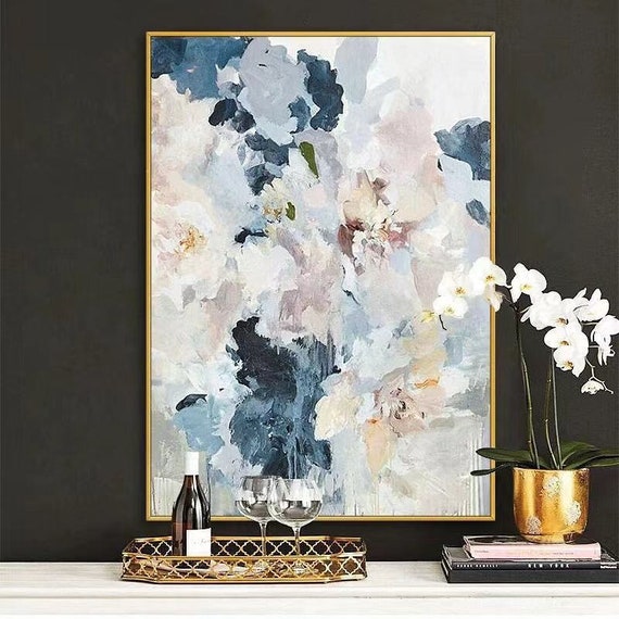 Large Abstract Painting on Canvas Navy Blue Flower Painting Etsy
