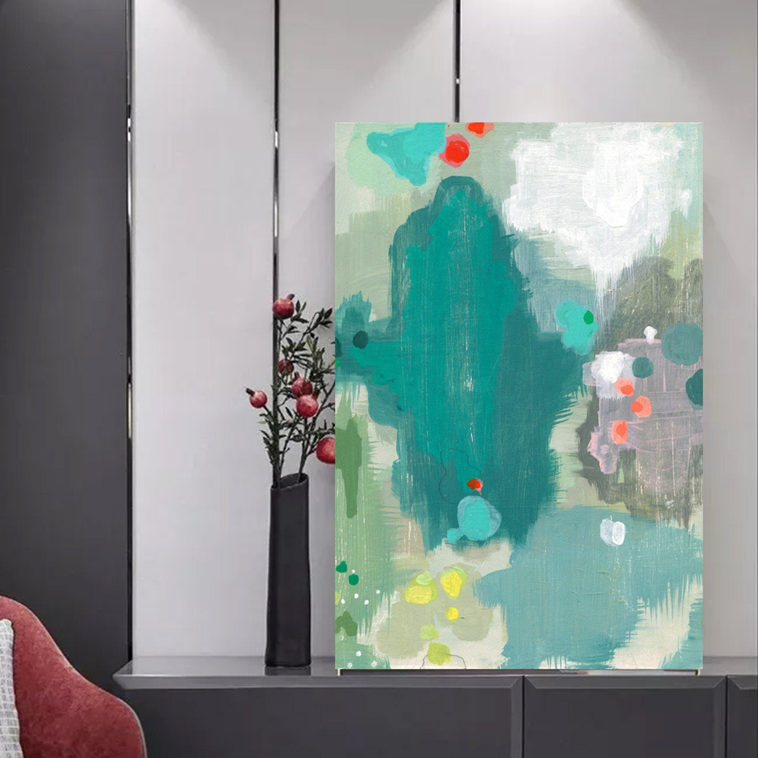 Modern Abstract Painting Green Canvas Painting Red Geometry Etsy