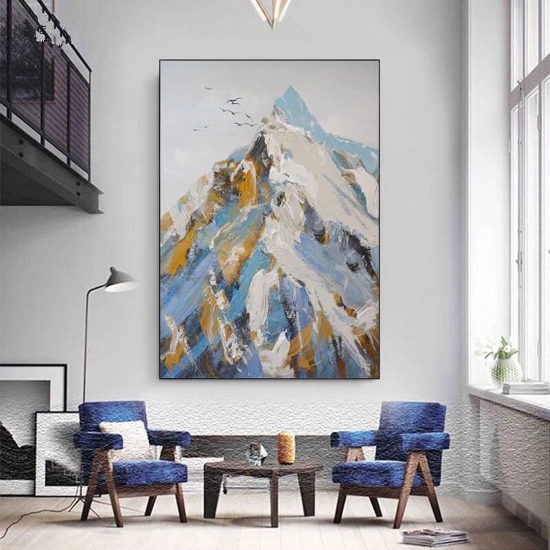 Modern Original Painting Blue Mountain Painting on Canvas Gray
