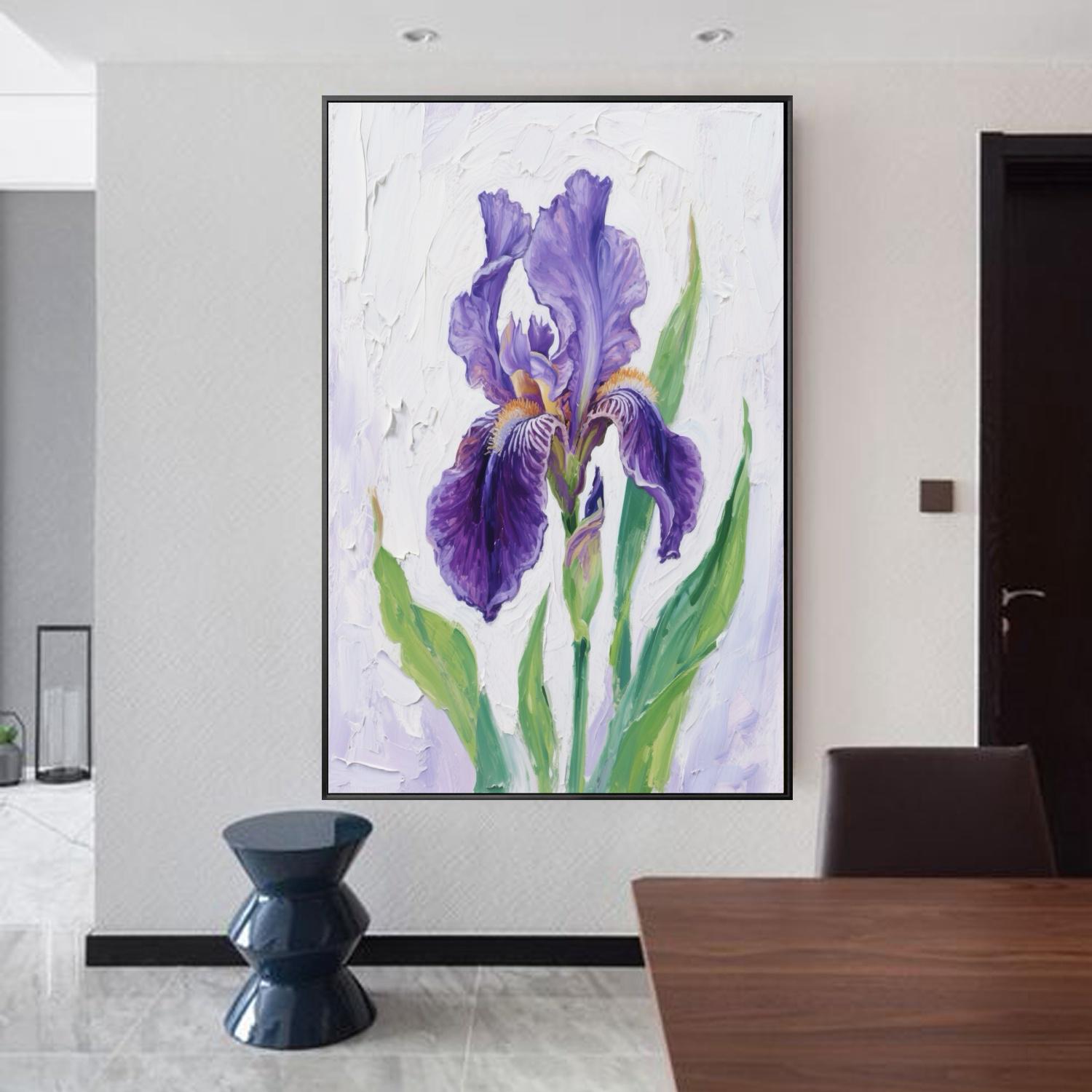 Grande pintura de flores em tela, pintura de flores roxas, pintura em tela de íris, pintura acrílica original, decoração de sala de estar, grande arte de parede