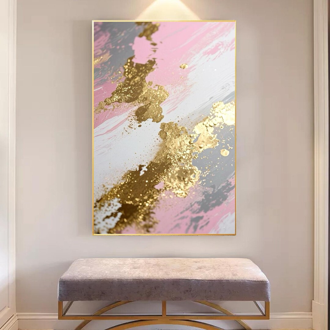 Pink Canvas Painting Modern Abstract Art Gold Leaf Acrylic Painting ...