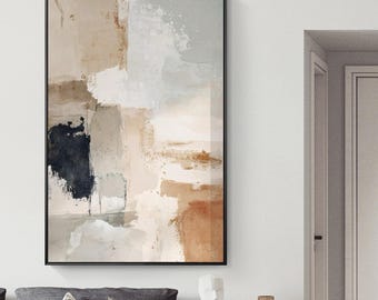 Large Abstract mountain Oil Painting, original Brown Beige Earth Tones landscape Canvas Art gray roll hills artwork large beige wall art