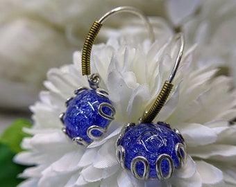 Sterling Silver & Fused Glass Earrings: Azure Air Marbles with Brass Accents