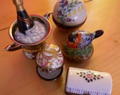 Limoges Trinket Boxes Bird in Nest, Trunk, Champagne Bottle on Ice, Round box, Egg with Perfume Bottle Collection of Limoges Boxes