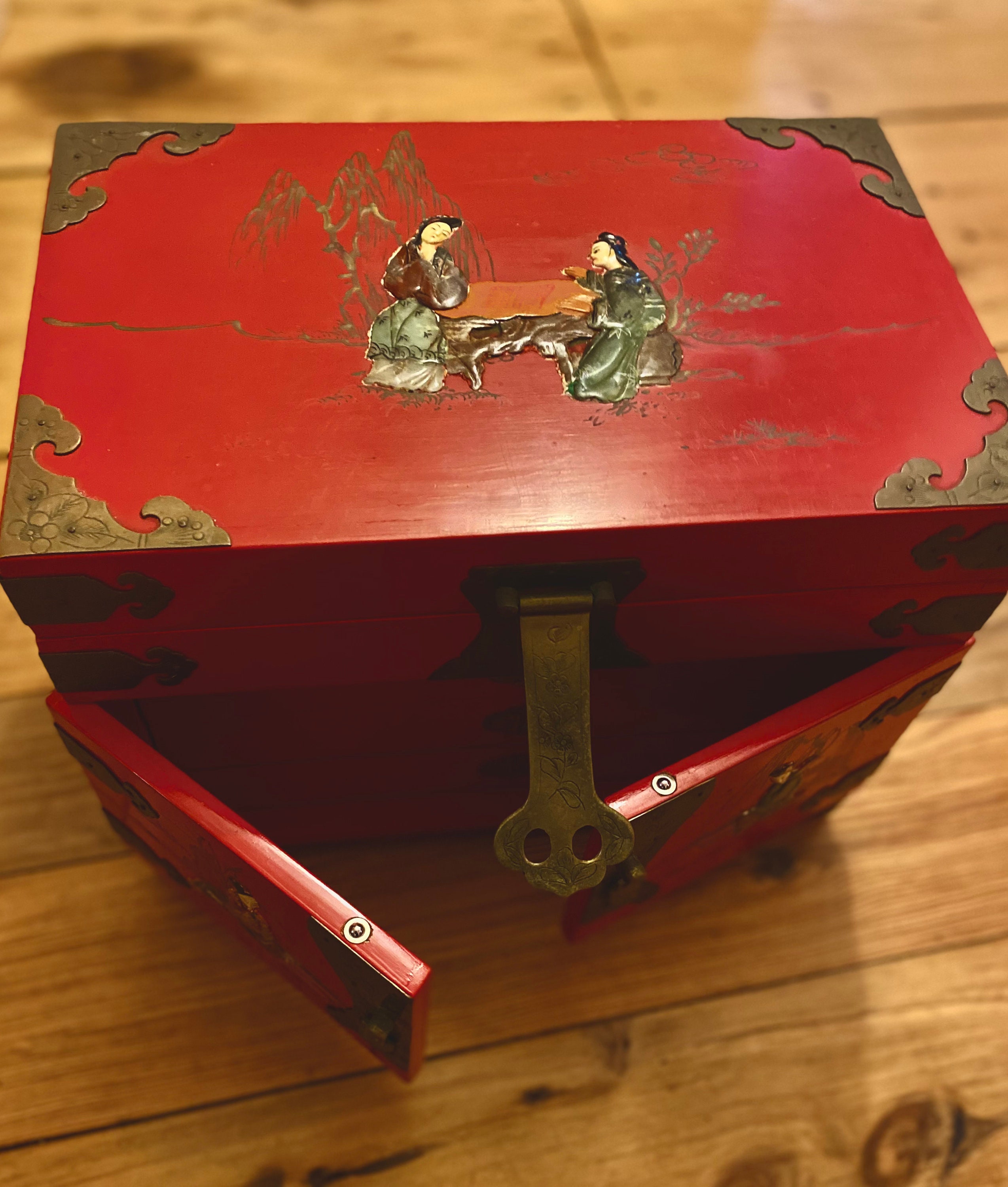 Vintage Asian Jewelry Box Large Red with Carvedd Stone Geisha Etsy