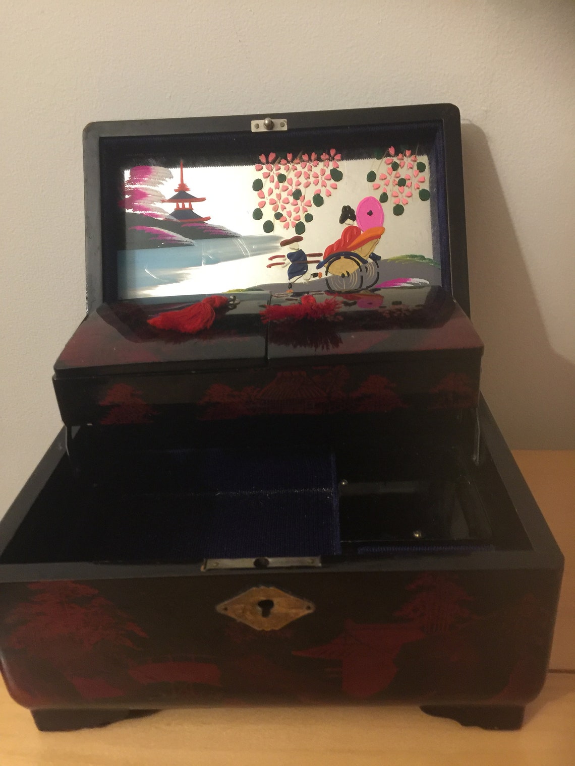 Vintage Japanese Jewelry Box Hand Painted Mirror Asian Music Etsy