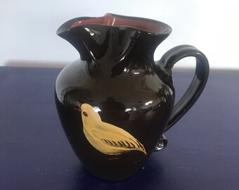 スタジオ陶器の水差し 鳥 ハンドメイド 手描き ヴィンテージ サイン
