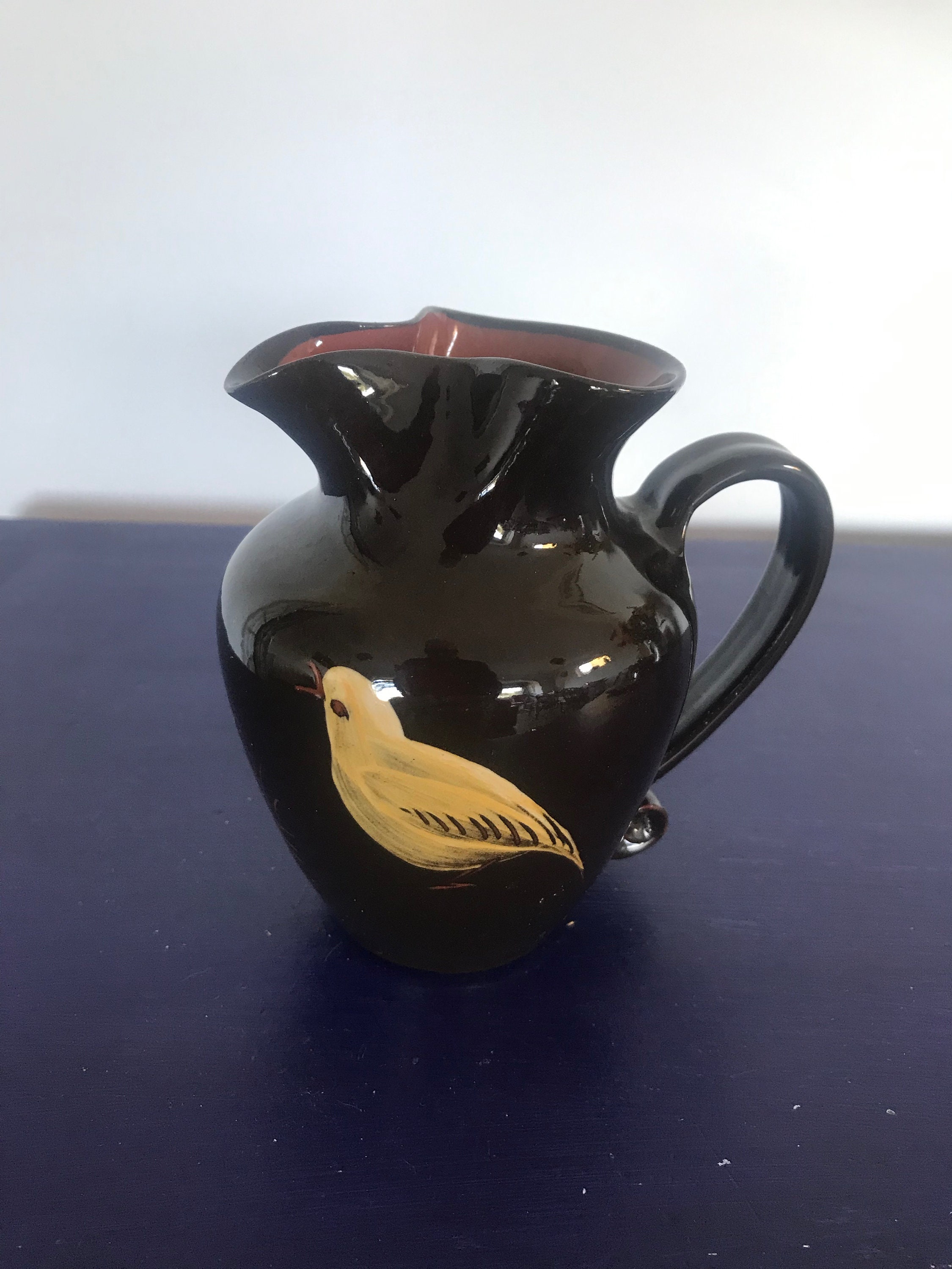 スタジオ陶器の水差し 鳥 ハンドメイド 手描き ヴィンテージ サイン