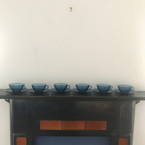 Six Vereco Cups And Saucers Blue France Tempered Glass Vintage