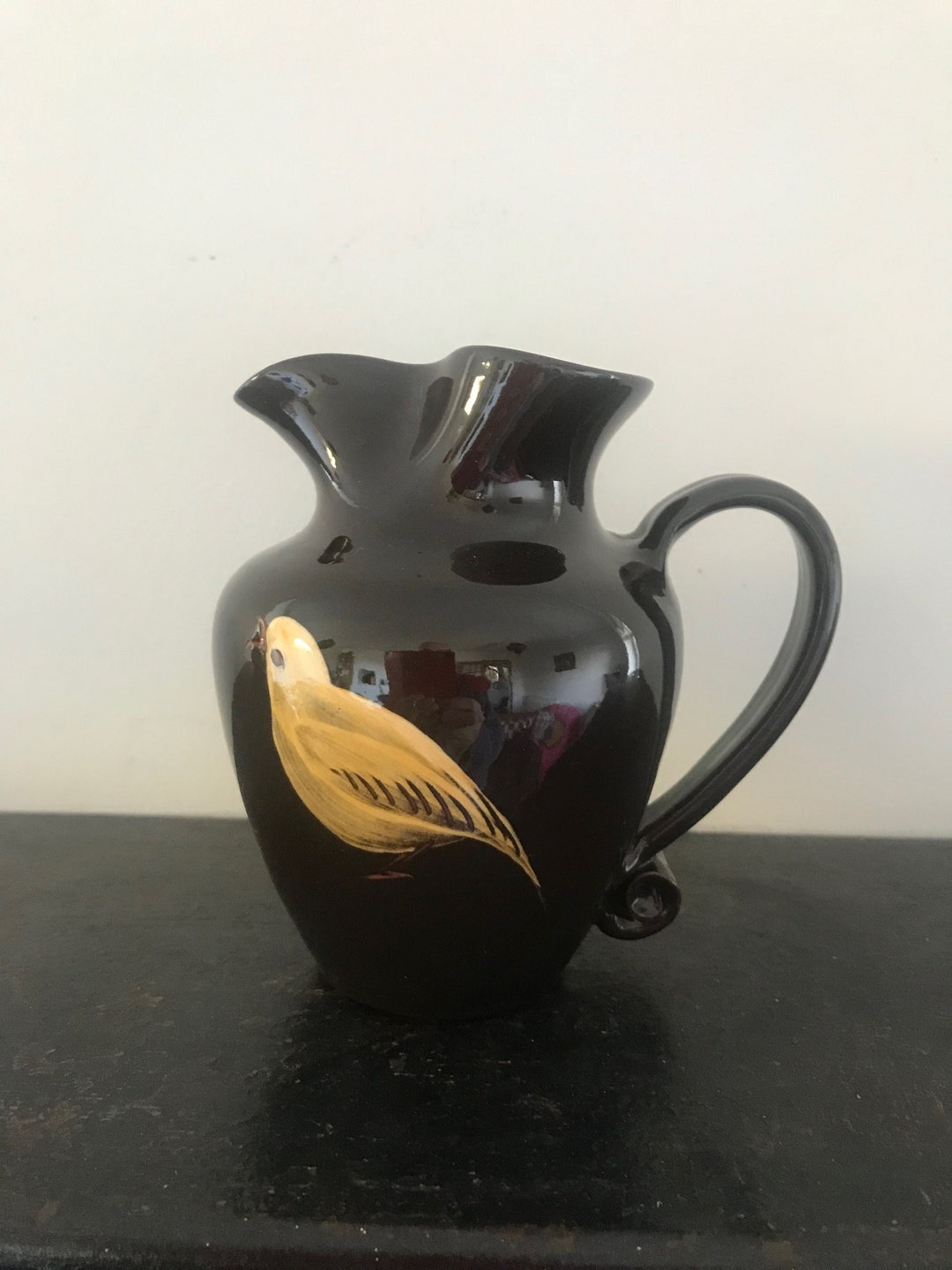 スタジオ陶器の水差し 鳥 ハンドメイド 手描き ヴィンテージ サイン