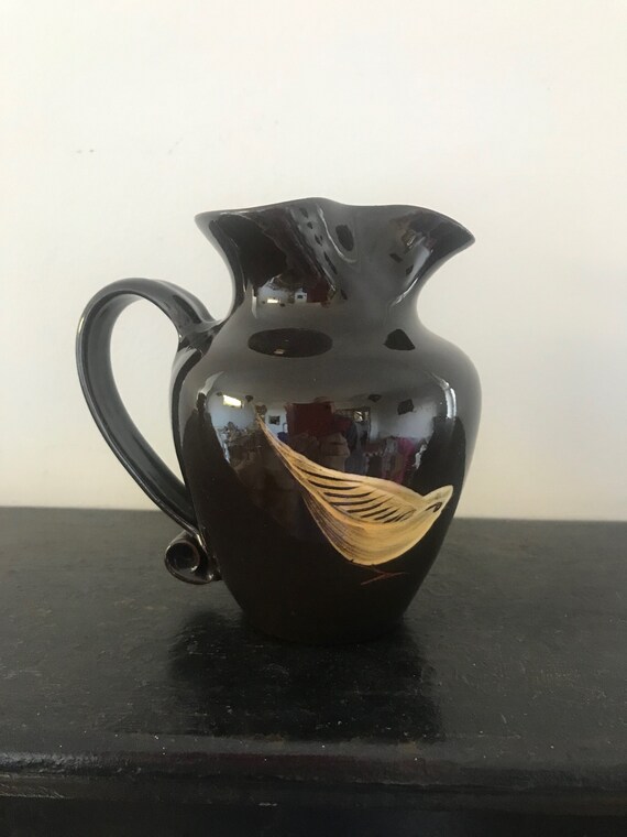 スタジオ陶器の水差し 鳥 ハンドメイド 手描き ヴィンテージ サイン