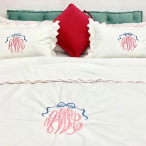 PERCALE Monogram Small Scalloped Embroidery 400 Thread Count White Cotton Duvet Cover Set- 1 Duvet Cover and 2 Pillow Sham Cover