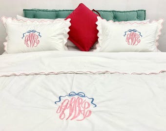 PERCALE monogram kleine geschulpte borduursels 400 thread count witte katoenen dekbedovertrekset-1 dekbedovertrek en 2 kussensloop