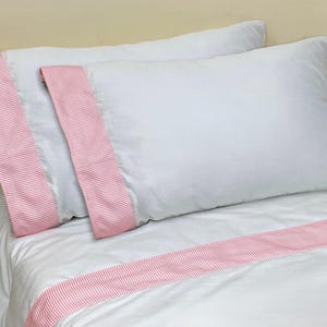 400TC Hotel Stitch White Cotton Sateen Ticking Stripe Border Frame Sheet Set (8"/20cm to 25"/64cm deep fitted sheet)