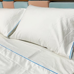 400 Thread Count White Cotton Sateen Piping Hotel Stitch Sheet Set