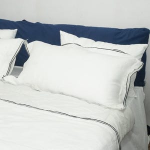 Linen duvet cover in White color in Embroidered border. King, queen, custom size bedding.