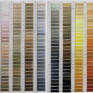 Puede incluir: Una carta de colores de carretes de hilo, numerados del 1 al 10, con cada n&uacute;mero representando una familia de colores diferente. La carta incluye una variedad de colores, incluyendo blanco, beige, marr&oacute;n, gris, amarillo, naranja y rojo.