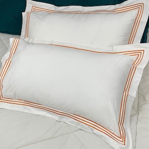 400 Thread Count White Cotton Sateen Hotel Stitch Pillow Sham with 2-inch flange Triple Embroidery Border (Set of 1)