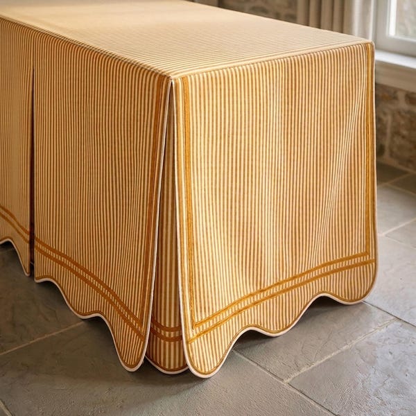 Ticking Stripe Pattern Scalloped Desk Skirt | Scalloped Edge | Custom Furniture Skirt | Classic Office Decor