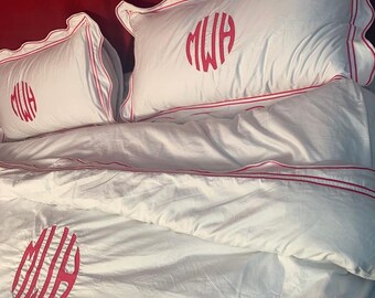 Monogram 500 TC White Cotton Sateen Hotel Stitch Duvet Cover Set in Wavy Embroidery and Border 1 Duvet Cover and 2 Pillow Sham Cover