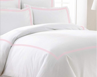 Percale Crisp Cool 400 Thread Count White Cotton Duvet Cover Set in Triple Embroidery Border 1 Duvet Cover and 2 Pillow Sham Cover