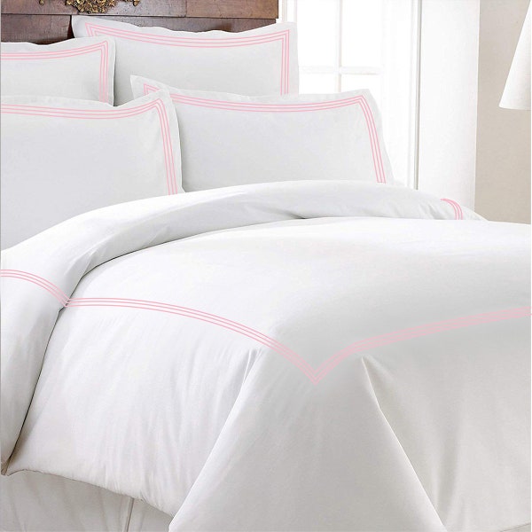 Triple Embroidery Border 500 Thread Count White Cotton Sateen Hotel Stitch Duvet Cover Set