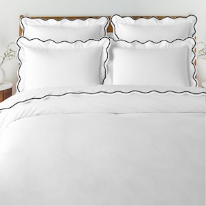 500 Thread Count White Cotton Sateen Hotel Stitch Duvet Cover Set Scalloped Embroidery 1 Duvet Cover and 2 Pillow Sham Cover