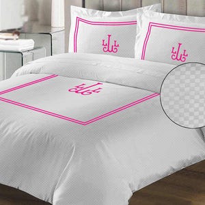 Monogram 400 TC White Cotton Sateen Hotel Stitch Micro-Check Duvet Cover Set  in Double Embroidery Border 1 Duvet Cover and 2 Pillow Sham