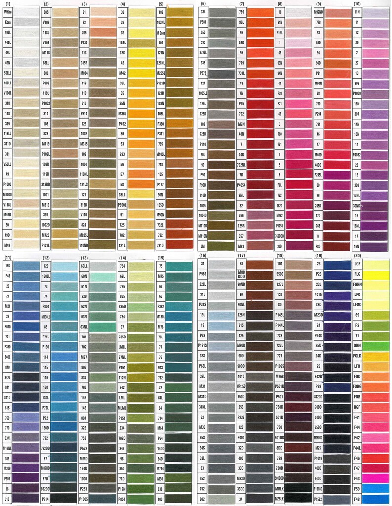 Puede incluir: Una carta de colores con filas de carretes de hilo en varios colores. La carta est&aacute; dividida en secciones con n&uacute;meros y letras. Los colores van del blanco al negro, con tonos de rojo, naranja, amarillo, verde, azul, morado y marr&oacute;n.