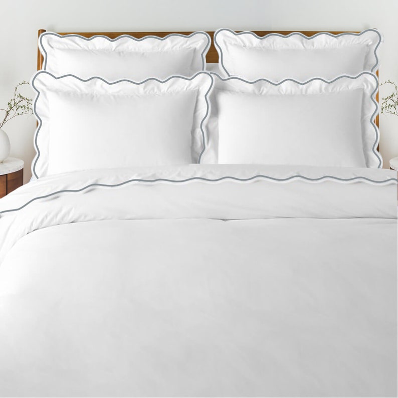 Ensemble housse de couette en satin de coton blanc, point d'hôtel, 500 fils, broderie festonnée 1 housse de couette et 2 taies d'oreiller Light Grey