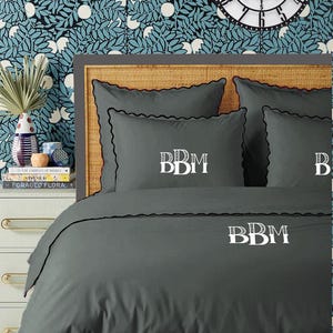 Monogram Dark Gray 400 Thread Count Cotton Sateen Hotel Stitch Duvet Cover Set Scalloped Embroidery 1 Duvet Cover and 2 Pillow Sham Cover