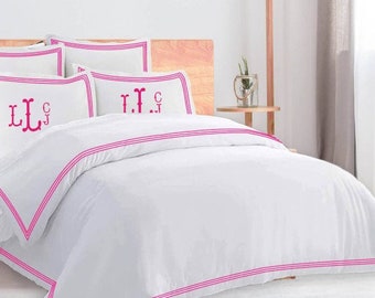Monograma 500 TC Algodão Branco Cetim Hotel Stitch Borda Tripla Bordado Conjunto de Capa de Edredão - 1 Capa de Edredão e 2 Capas de Travesseiro