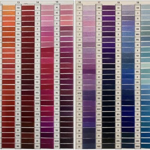 May include: A colour chart of embroidery floss with 10 columns of 48 different colours. The colours range from beige to brown, pink to purple, and light blue to dark blue. The chart is labelled with numbers 11 through 20.