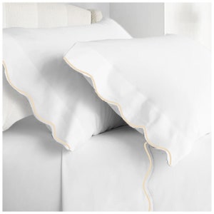 500 Thread Count White Cotton Sateen Scalloped Embroidery Hotel Stitch Sheet Set Ivory