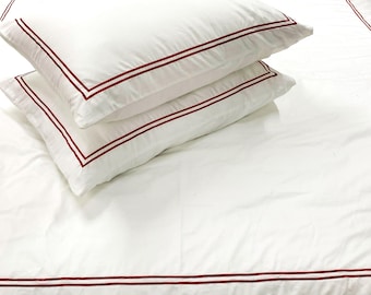 400 Thread Count White Cotton Hotel Stitch Duvet Cover Set in Double Embroidery Border