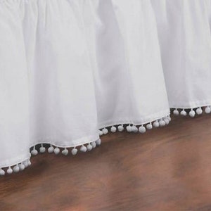 Pom Pom White Wrap Around Bed Skirt - 8" to 39" Drop Length 1 PIECE BED SKIRT 3 Sided 100% Cotton